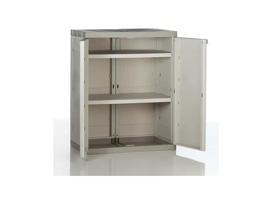 TITANIUM PLASTIKEN Armoire basse 2 portes avec etageres l70 x p44 x h88 cm Beige et Taupe Gamme TITANIUM Interieur/Exterieur