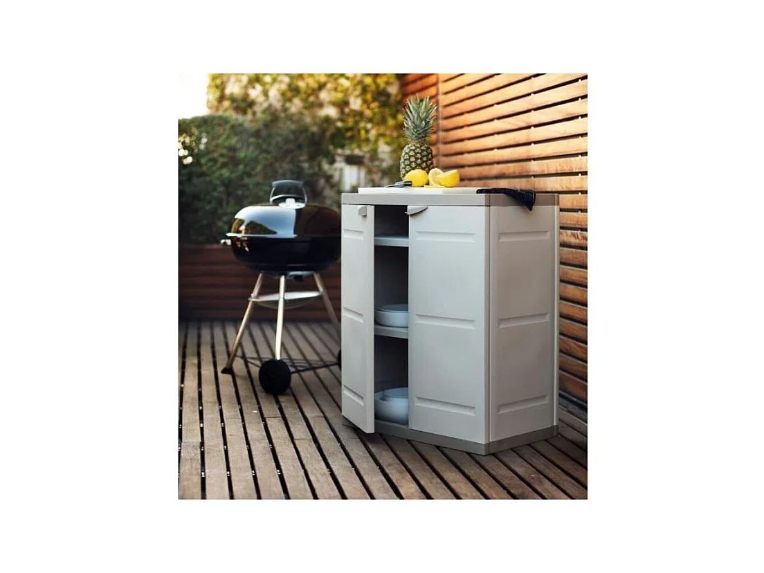 TITANIUM PLASTIKEN Armoire basse 2 portes avec etageres l70 x p44 x h88 cm Beige et Taupe Gamme TITANIUM Interieur/Exterieur