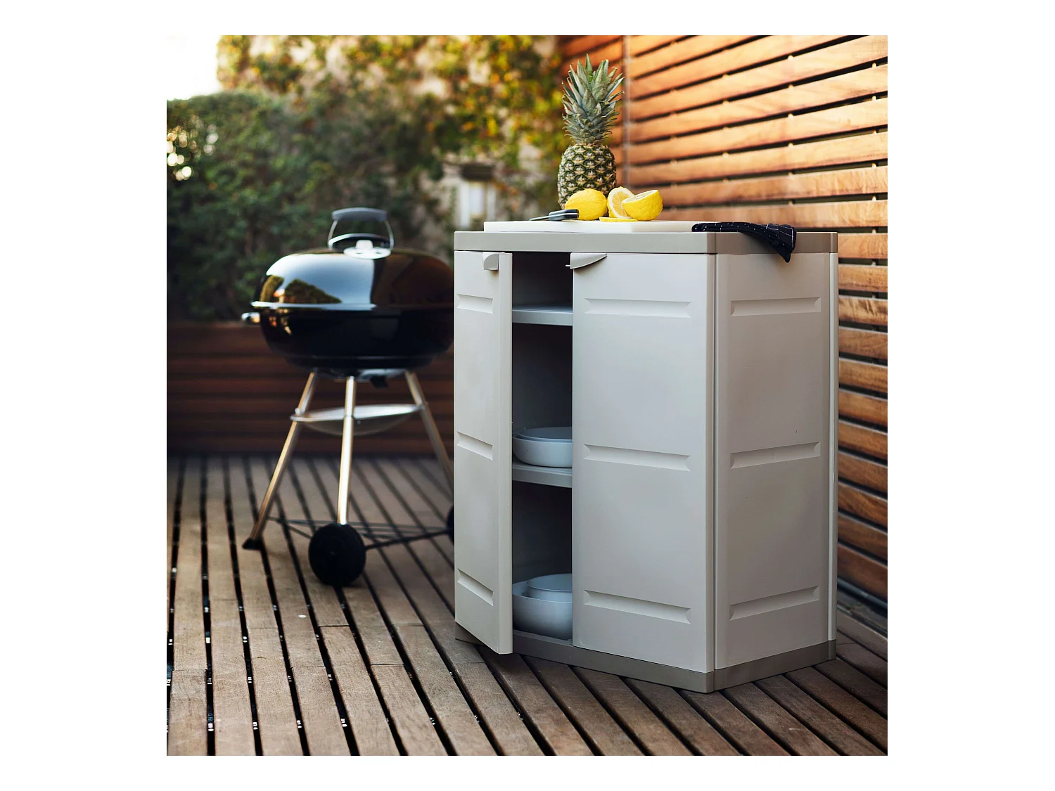 TITANIUM PLASTIKEN Armoire basse 2 portes avec etageres l70 x p44 x h88 cm Beige et Taupe Gamme TITANIUM Interieur/Exterieur