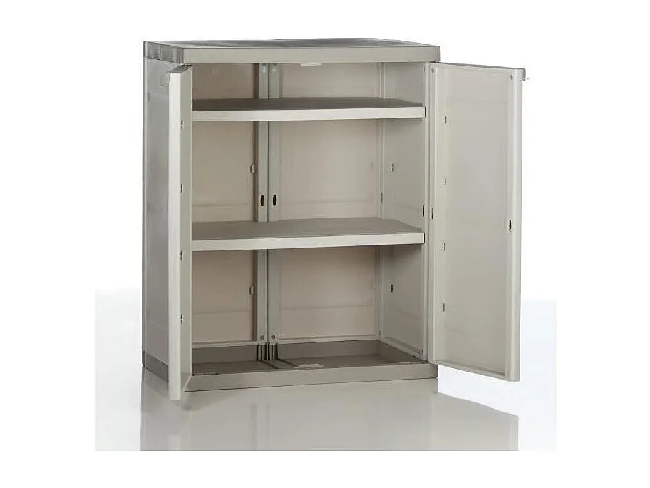 TITANIUM PLASTIKEN Armoire basse 2 portes avec etageres l70 x p44 x h88 cm Beige et Taupe Gamme TITANIUM Interieur/Exterieur
