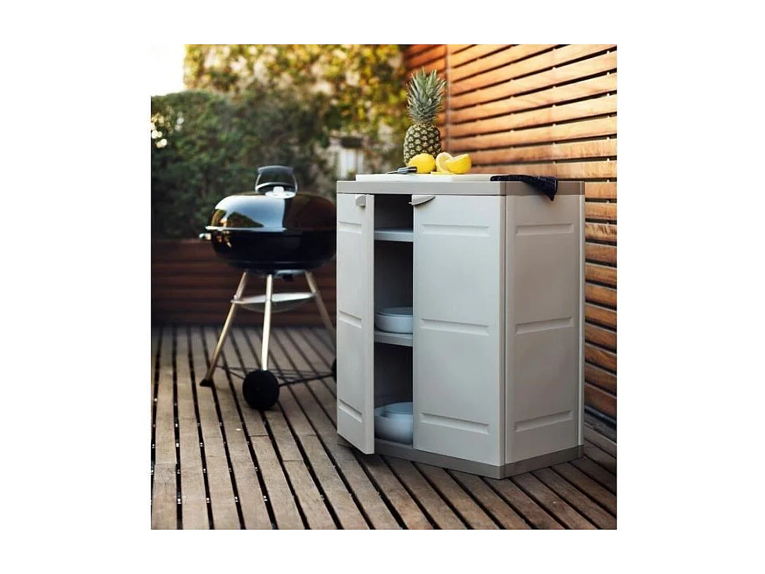 TITANIUM PLASTIKEN Armoire basse 2 portes avec etageres l70 x p44 x h88 cm Beige et Taupe Gamme TITANIUM Interieur/Exterieur