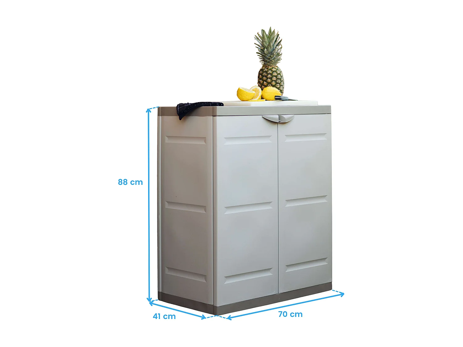 TITANIUM PLASTIKEN Armoire basse 2 portes avec etageres l70 x p44 x h88 cm Beige et Taupe Gamme TITANIUM Interieur/Exterieur