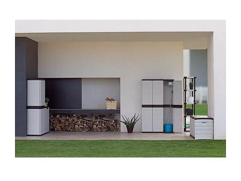 TITANIUM PLASTIKEN Armoire basse 2 portes avec etageres l70 x p44 x h88 cm Beige et Noire Gamme TITANIUM Interieur/Exterieur