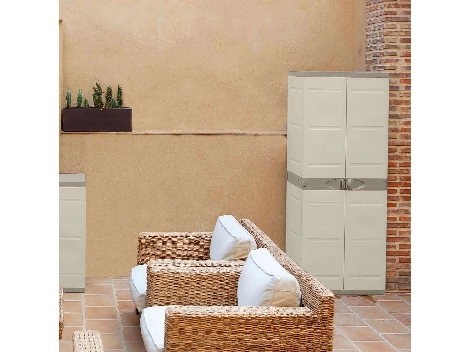 Hochschrank aus Kunstharz TITANIUM PLASTIKEN mit 2 Türen in Beige und Taupe 176x70x45cm