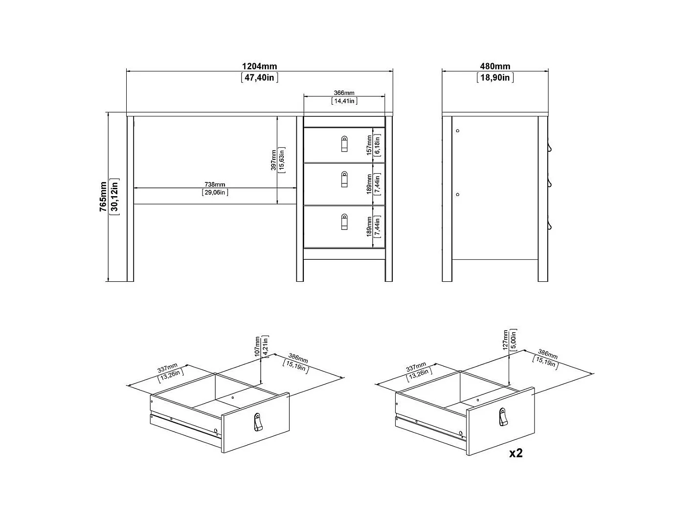Bureau 3 tiroirs L120,4 cm - BARCELONE