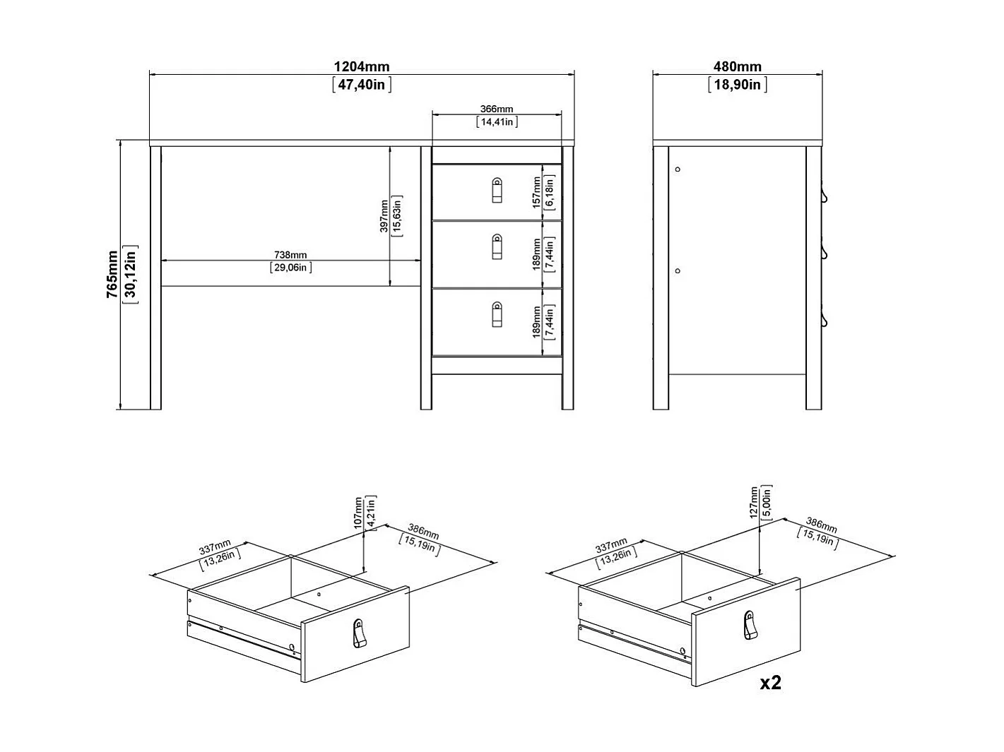 Bureau 3 tiroirs L120,4 cm - BARCELONE