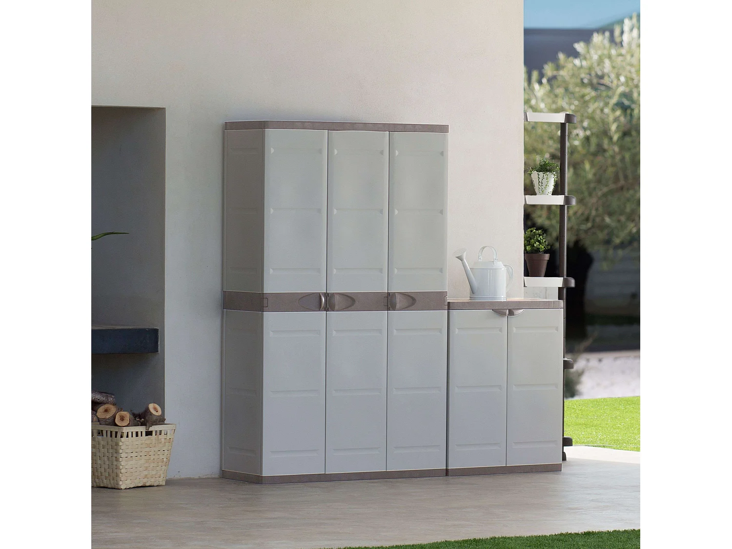 TITANIUM PLASTIKEN Armoire 3 portes avec etageres + penderie l105 x p44 x h176 cm Beige et Taupe Gamme TITANIUM  Interieur/Exter