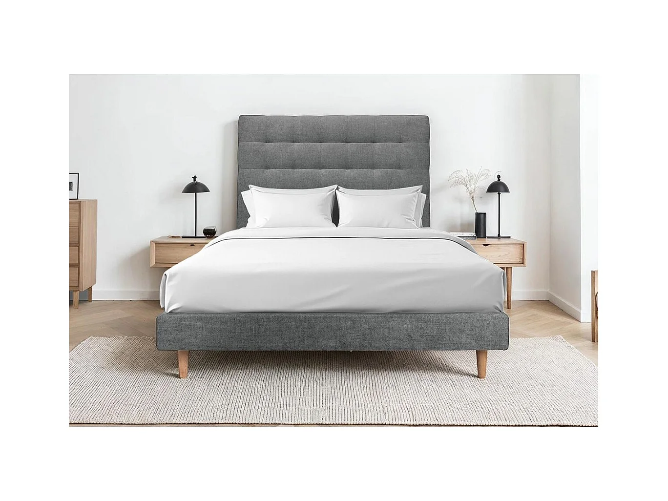 Lit 140x190cm avec tête de lit capitonnée tissu et sommier tapissier gris anthracite - Hauteur totale : 29cm