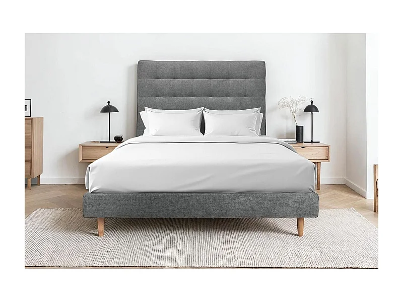 Lit 140x190cm avec tête de lit capitonnée tissu et sommier tapissier gris anthracite - Hauteur totale : 29cm
