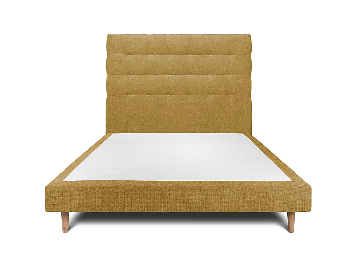 Lit 140x190cm avec tête de lit capitonnée tissu et sommier tapissier jaune - Hauteur totale : 29cm
