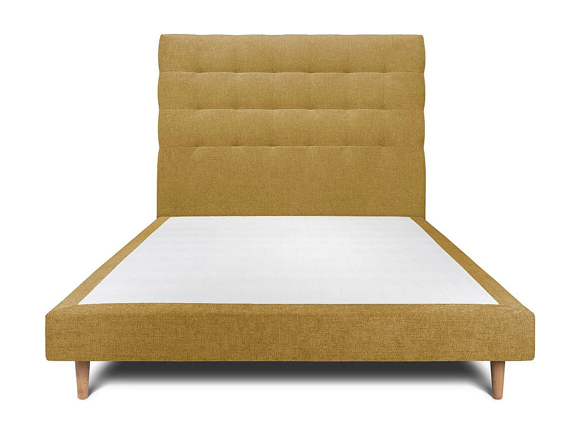 Lit 140x190cm avec tête de lit capitonnée tissu et sommier tapissier jaune - Hauteur totale : 29cm
