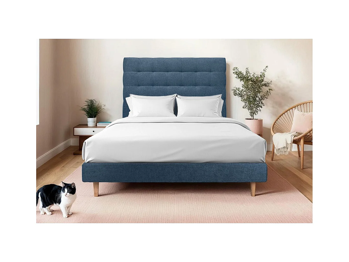 Lit 140x190cm avec tête de lit capitonnée tissu et sommier tapissier Bleu - Hauteur totale : 29cm