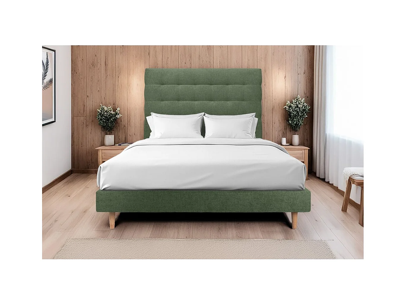Lit 140x190cm avec tête de lit capitonnée tissu et sommier tapissier vert - Hauteur totale : 29cm