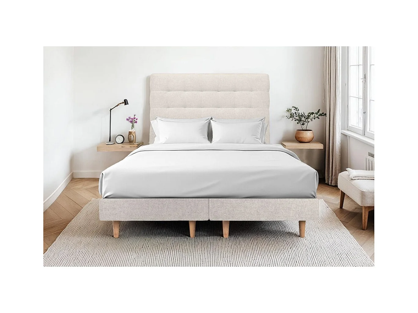 Lit 140x190cm avec tête de lit capitonnée tissu et sommier tapissier Beige clair - Hauteur totale : 29cm