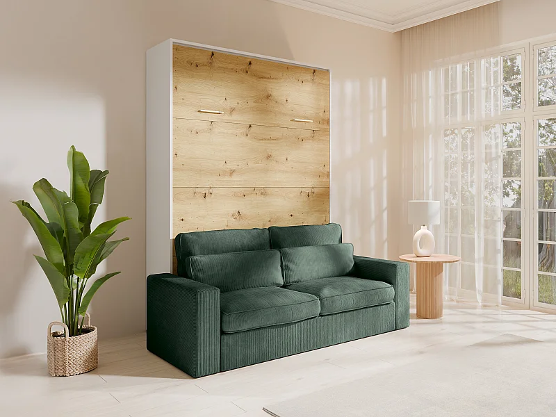 Schrankbett 140 x 200 cm - Manuelle vertikale Öffnung - Farbe: Natur und Weiß + Matratze + Grünes Sofa - BEGANIO