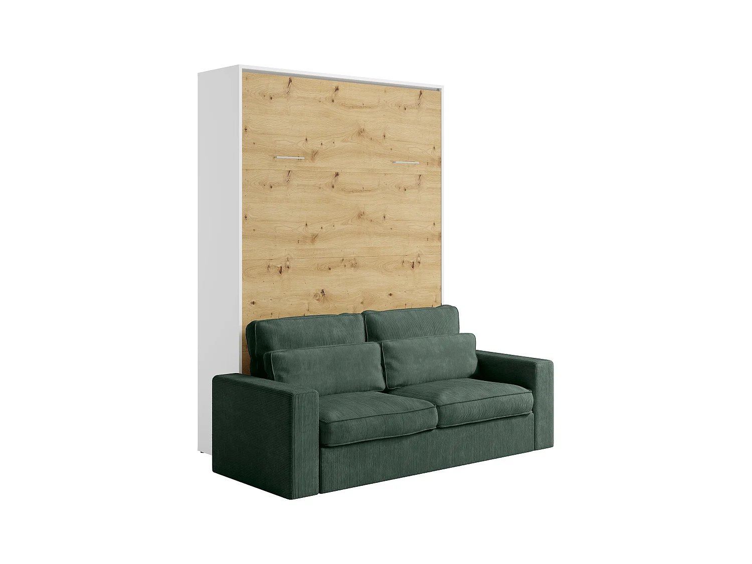 Veggskap seng 140 x 200 cm - Manuell vertikal åpning - Farge: Naturlig og hvit + Madrass + Grønn sofa - BEGANIO