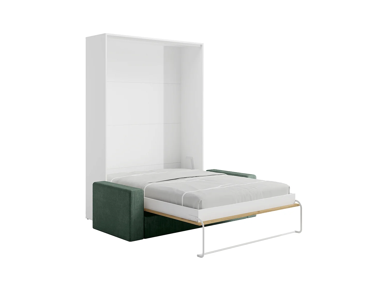Veggskap seng 140 x 200 cm - Manuell vertikal åpning - Farge: Naturlig og hvit + Madrass + Grønn sofa - BEGANIO