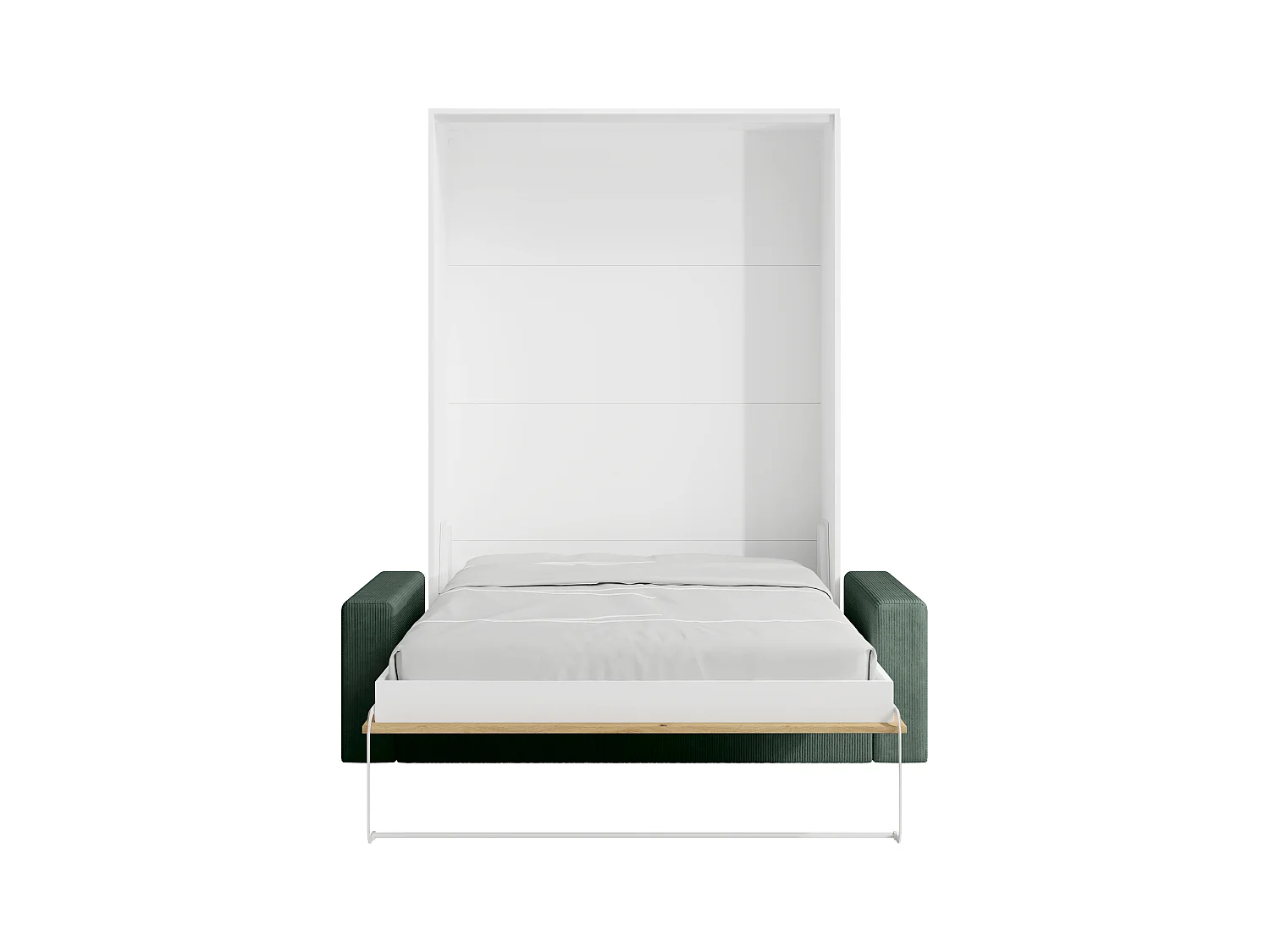Veggskap seng 140 x 200 cm - Manuell vertikal åpning - Farge: Naturlig og hvit + Madrass + Grønn sofa - BEGANIO