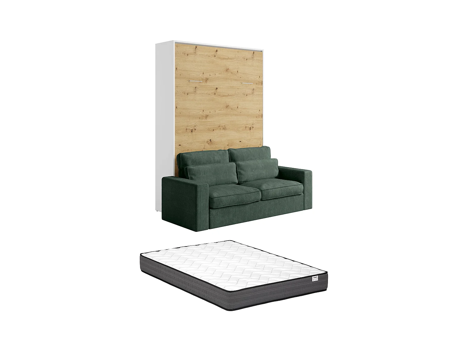 Veggskap seng 140 x 200 cm - Manuell vertikal åpning - Farge: Naturlig og hvit + Madrass + Grønn sofa - BEGANIO