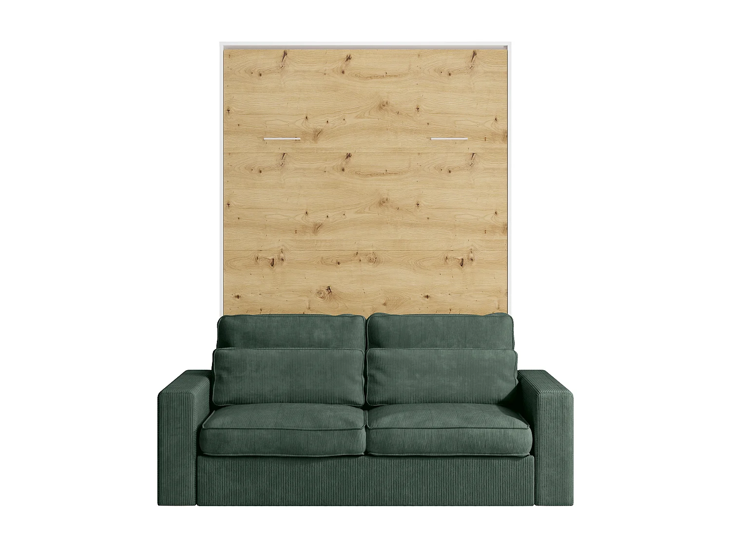 Schrankbett 140 x 200 cm - Manuelle vertikale Öffnung - Farbe: Natur und Weiß + Matratze + Grünes Sofa - BEGANIO