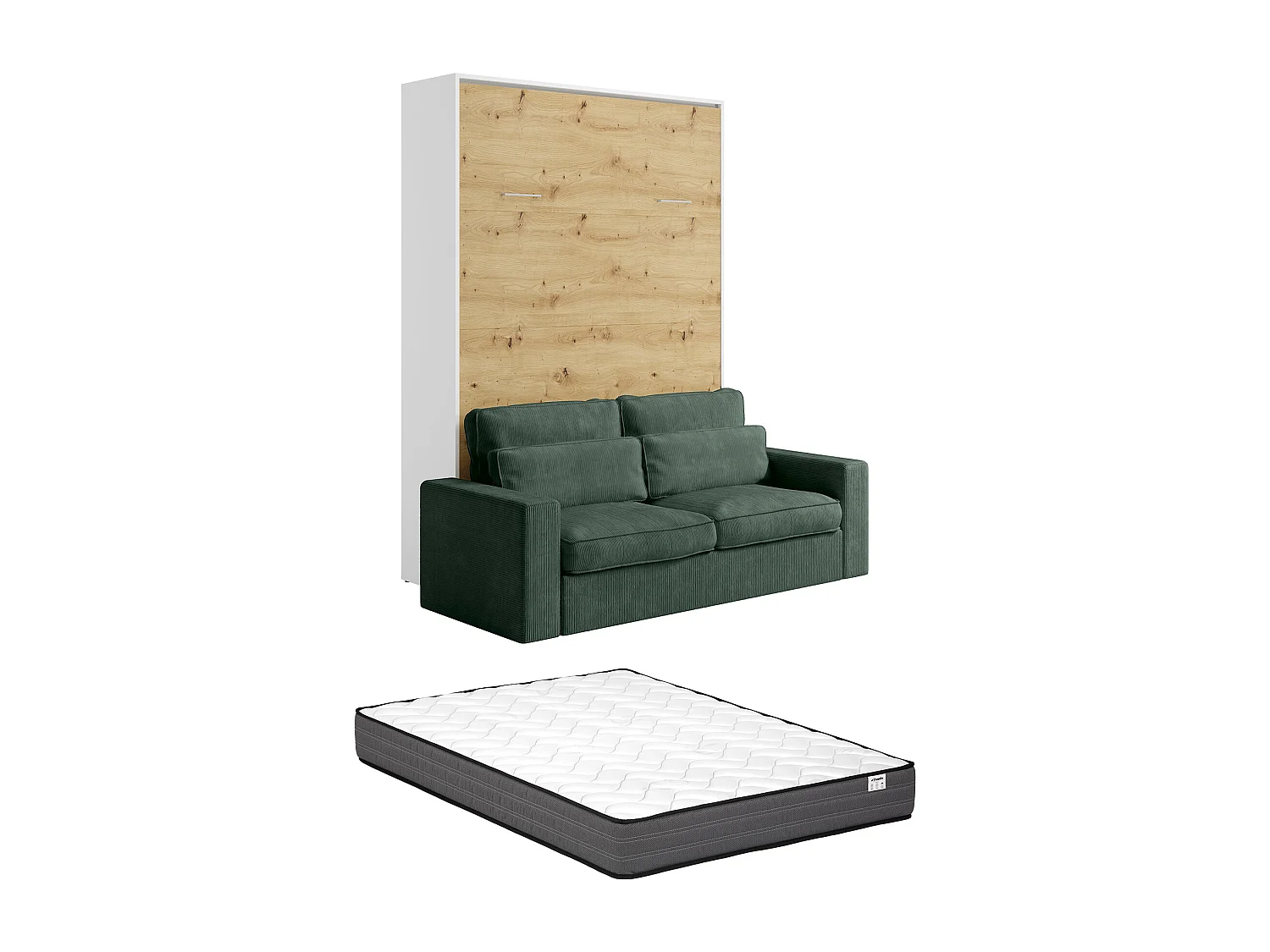 Schrankbett 140 x 200 cm - Manuelle vertikale Öffnung - Farbe: Natur und Weiß + Matratze + Grünes Sofa - BEGANIO