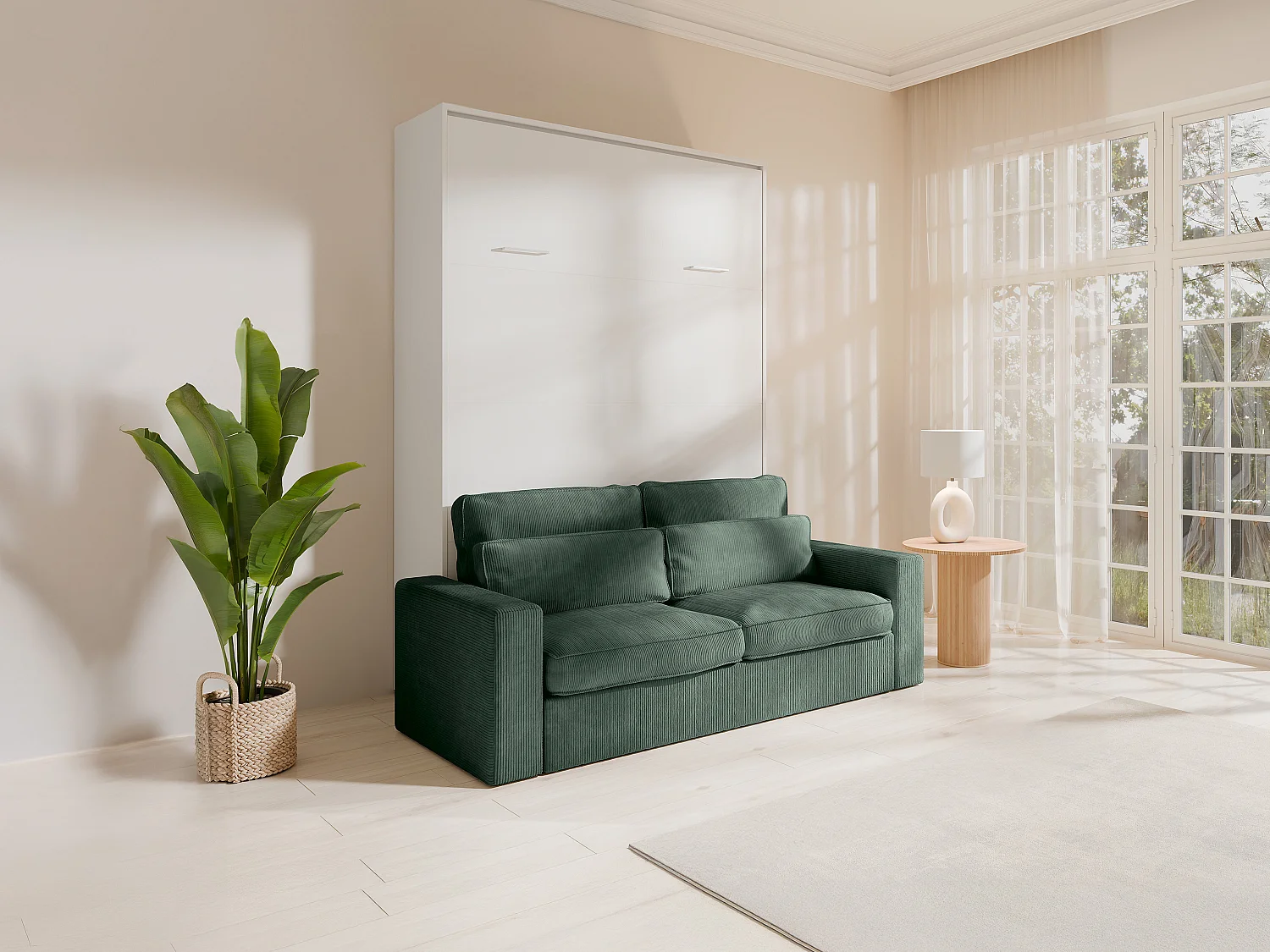 Veggmontert seng 140 x 200 cm - Manuell vertikal åpning - Hvit + Grønn sofa - BEGANIO