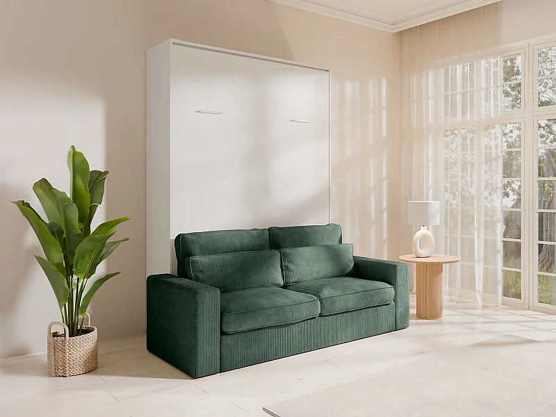 Lit escamotable 140 x 200 cm - Ouverture verticale manuelle - Blanc + Canapé Vert - BEGANIO
