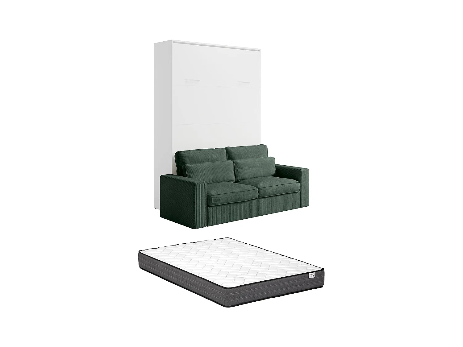 Veggmontert seng 140 x 200 cm - Manuell vertikal åpning - Hvit + Madrass + Grønn sofa - BEGANIO