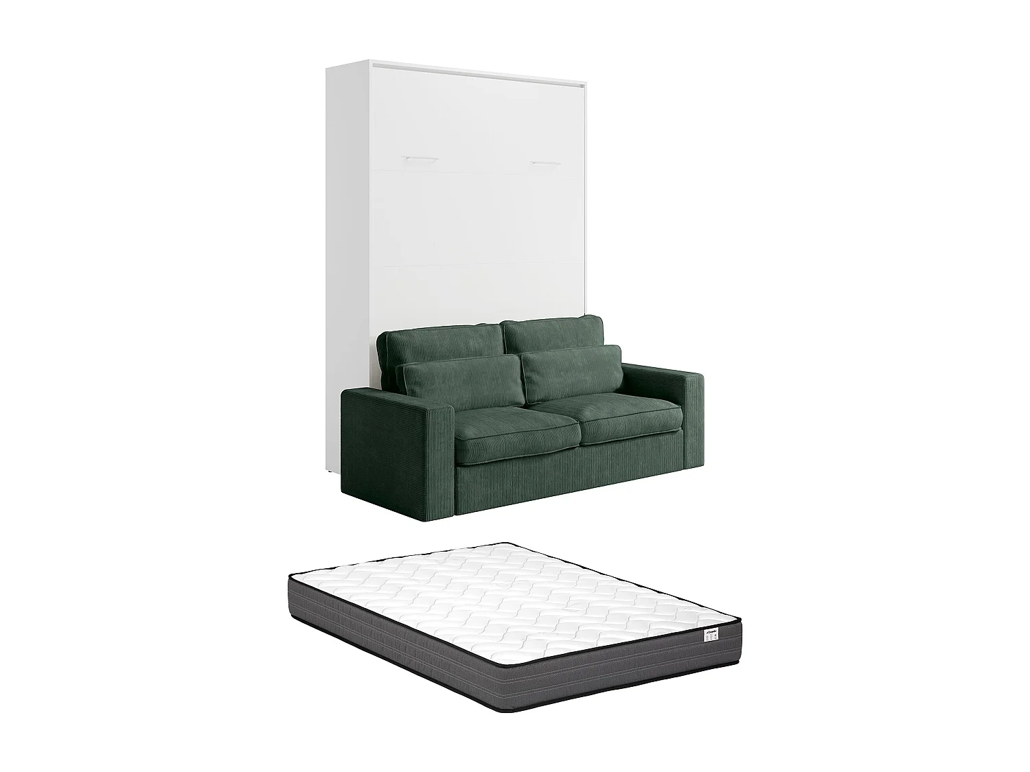 Veggmontert seng 140 x 200 cm - Manuell vertikal åpning - Hvit + Madrass + Grønn sofa - BEGANIO