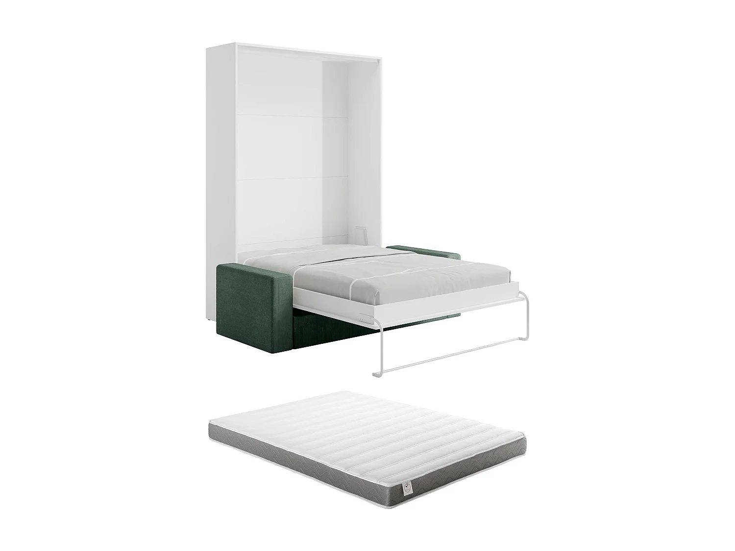 Lit escamotable 140 x 200 cm - Ouverture verticale manuelle - Blanc + Matelas + Canapé Vert - BEGANIO