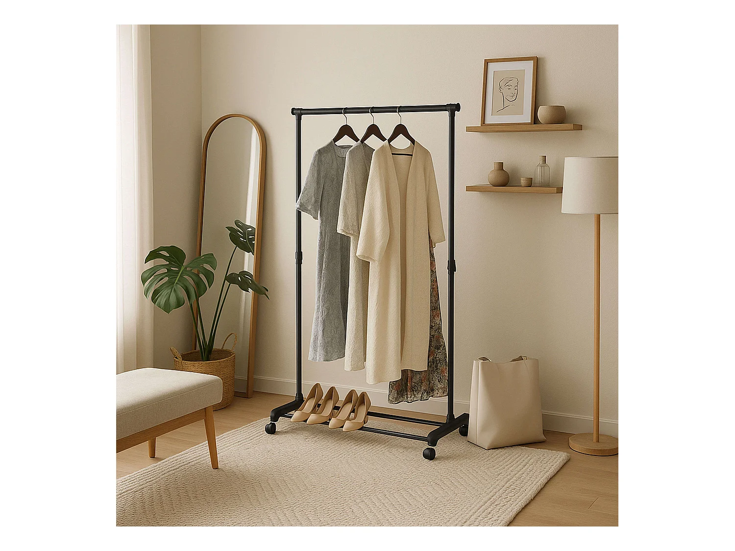 Portant à vêtements en métal avec roulettes et 2 barres, noir, 75x157x42 cm