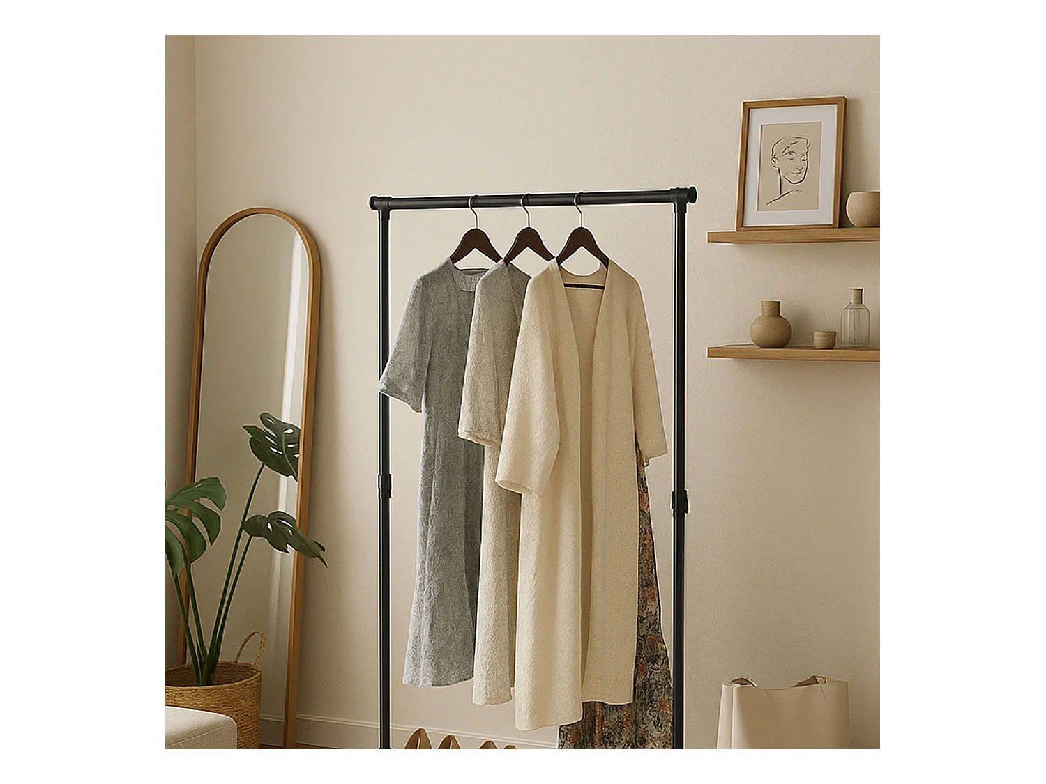 Portant à vêtements en métal avec roulettes et 2 barres, noir, 75x157x42 cm