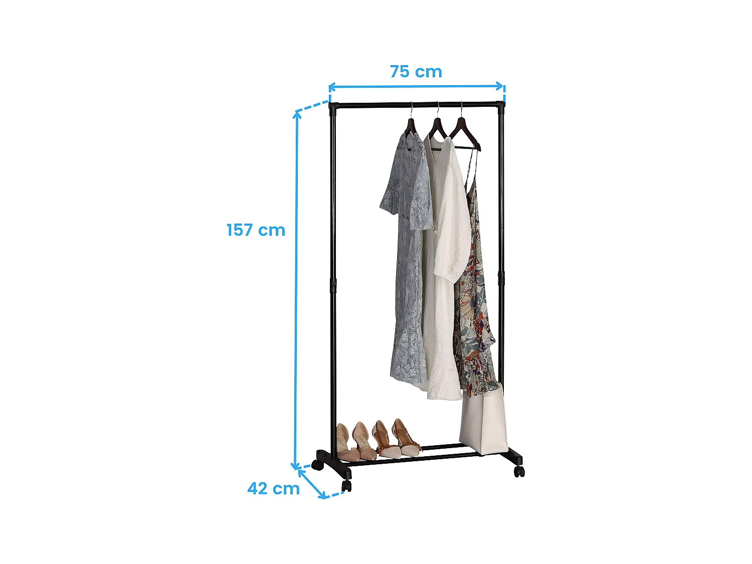 Portant à vêtements en métal avec roulettes et 2 barres, noir, 75x157x42 cm