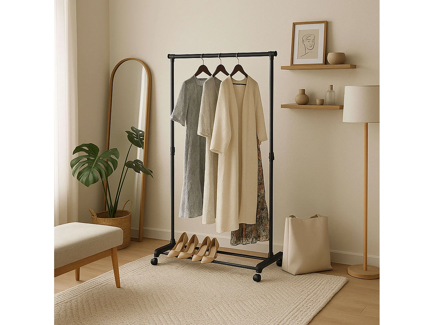 Portant à vêtements en métal avec roulettes et 2 barres, noir, 75x157x42 cm