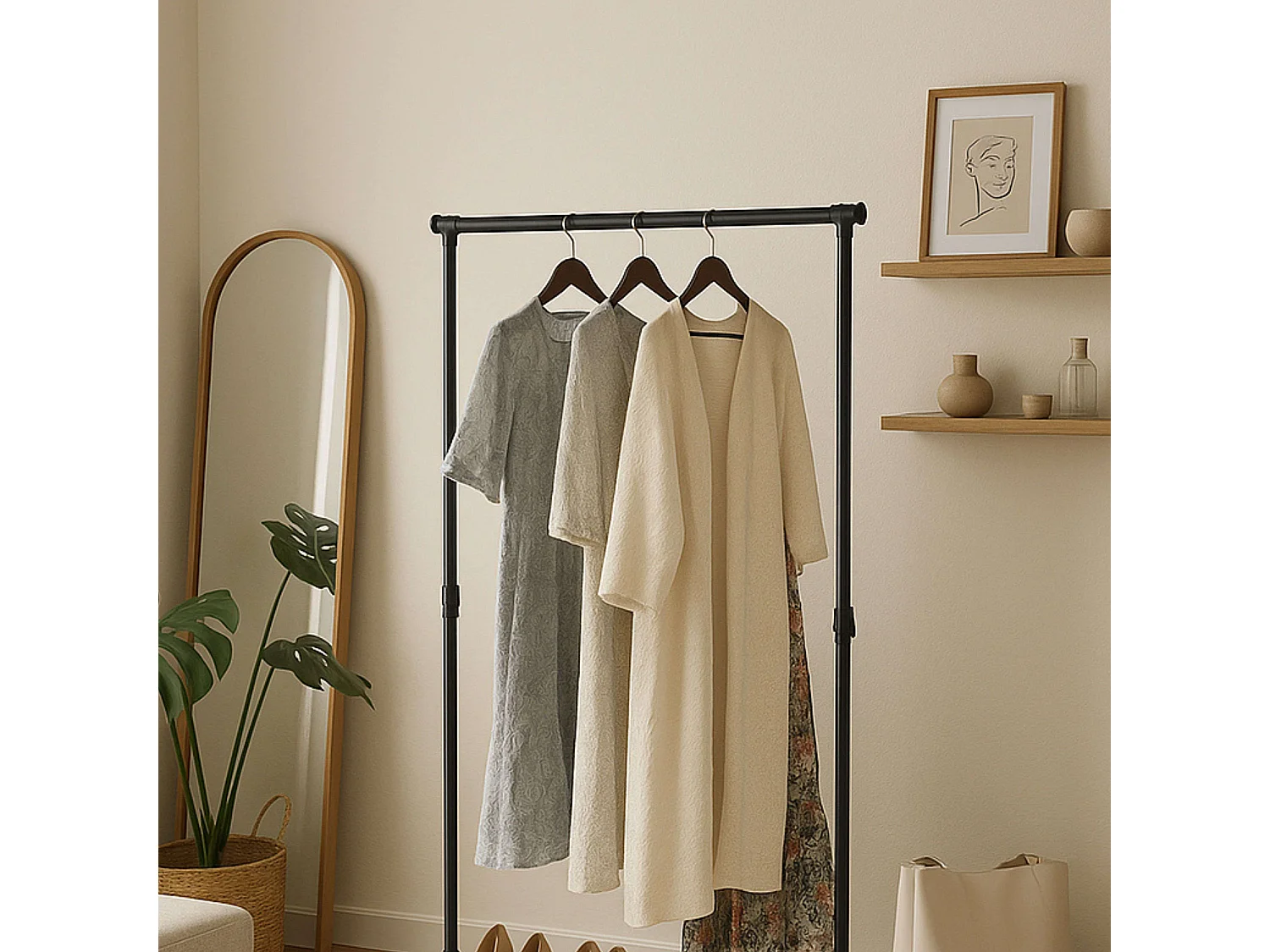 Portant à vêtements en métal avec roulettes et 2 barres, noir, 75x157x42 cm