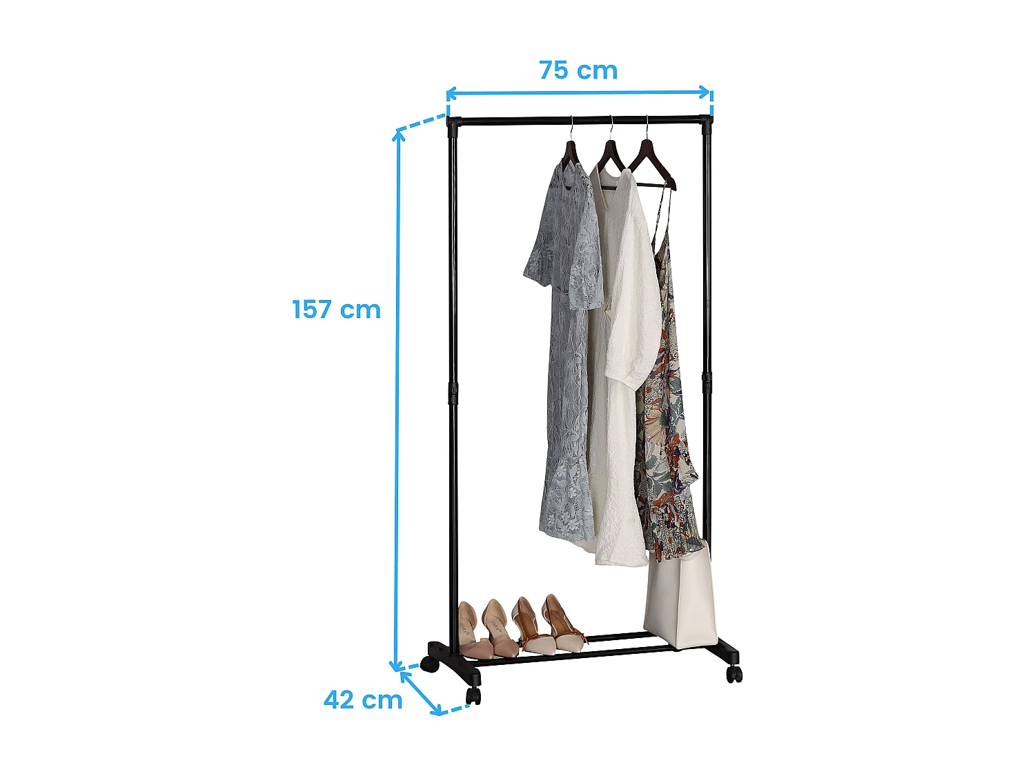 Portant à vêtements en métal avec roulettes et 2 barres, noir, 75x157x42 cm