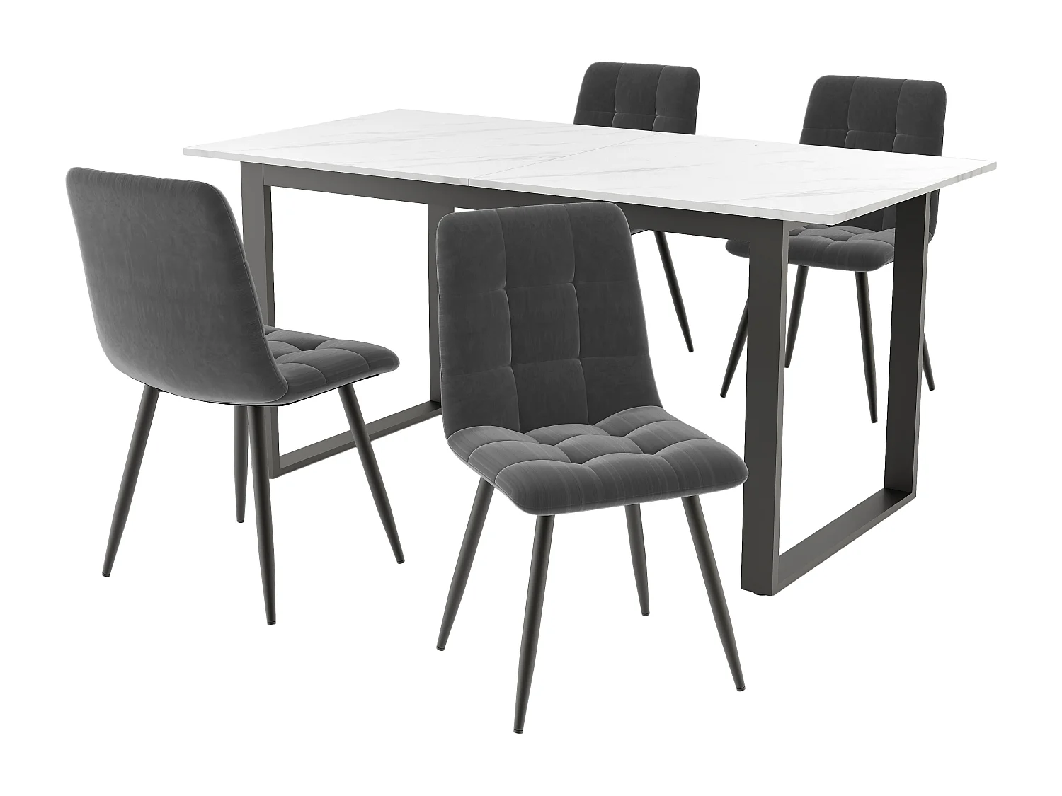 Uitschuifbare eettafelset (140-180x80x75 cm) + 4 grijze fluwelen stoelen - zwarte metalen poten