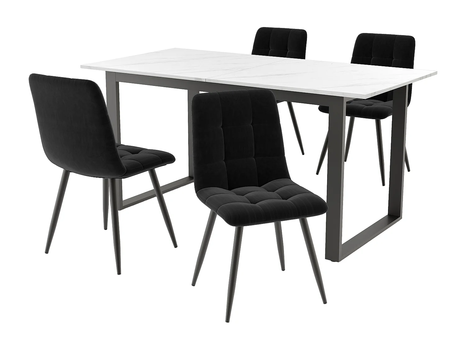 Uitschuifbare eettafelset (140-180x80x75 cm) + 4 zwarte fluwelen stoelen - zwarte metalen poten