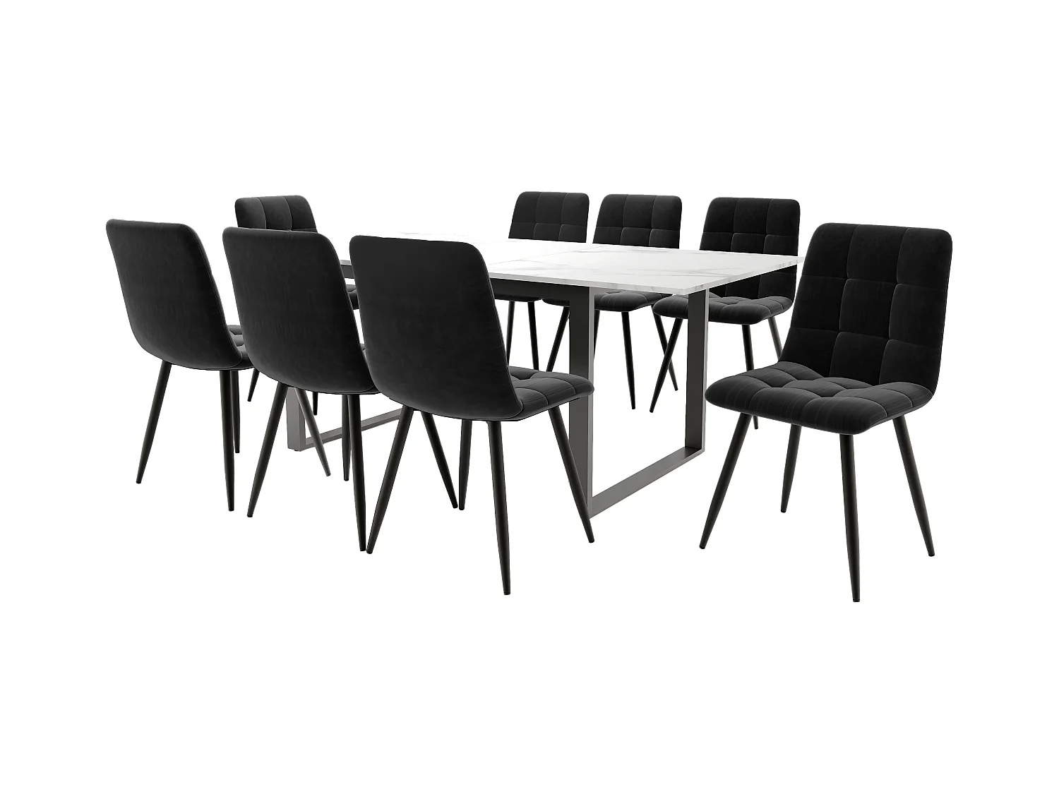 Ensemble table a manger extensible (140-180x80x75 cm) + 8 chaises en velours noir - pieds en métal noir