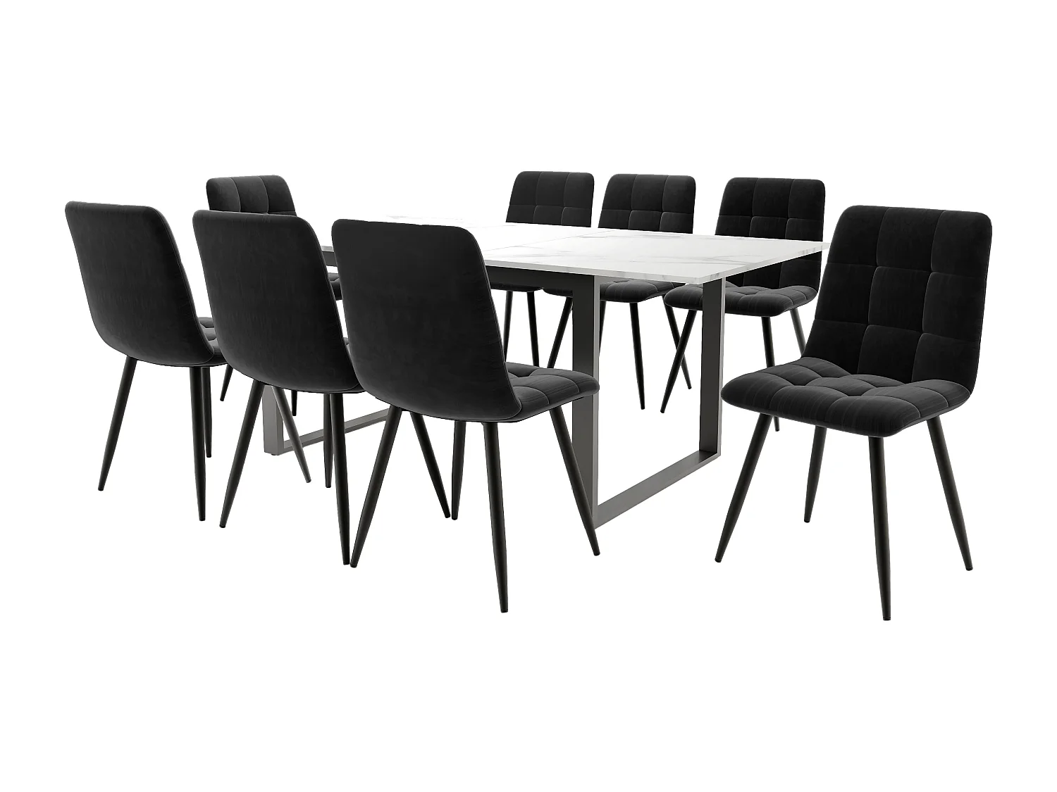 Uitschuifbare eettafelset (140-180x80x75 cm) + 8 zwarte fluwelen stoelen - zwarte metalen poten