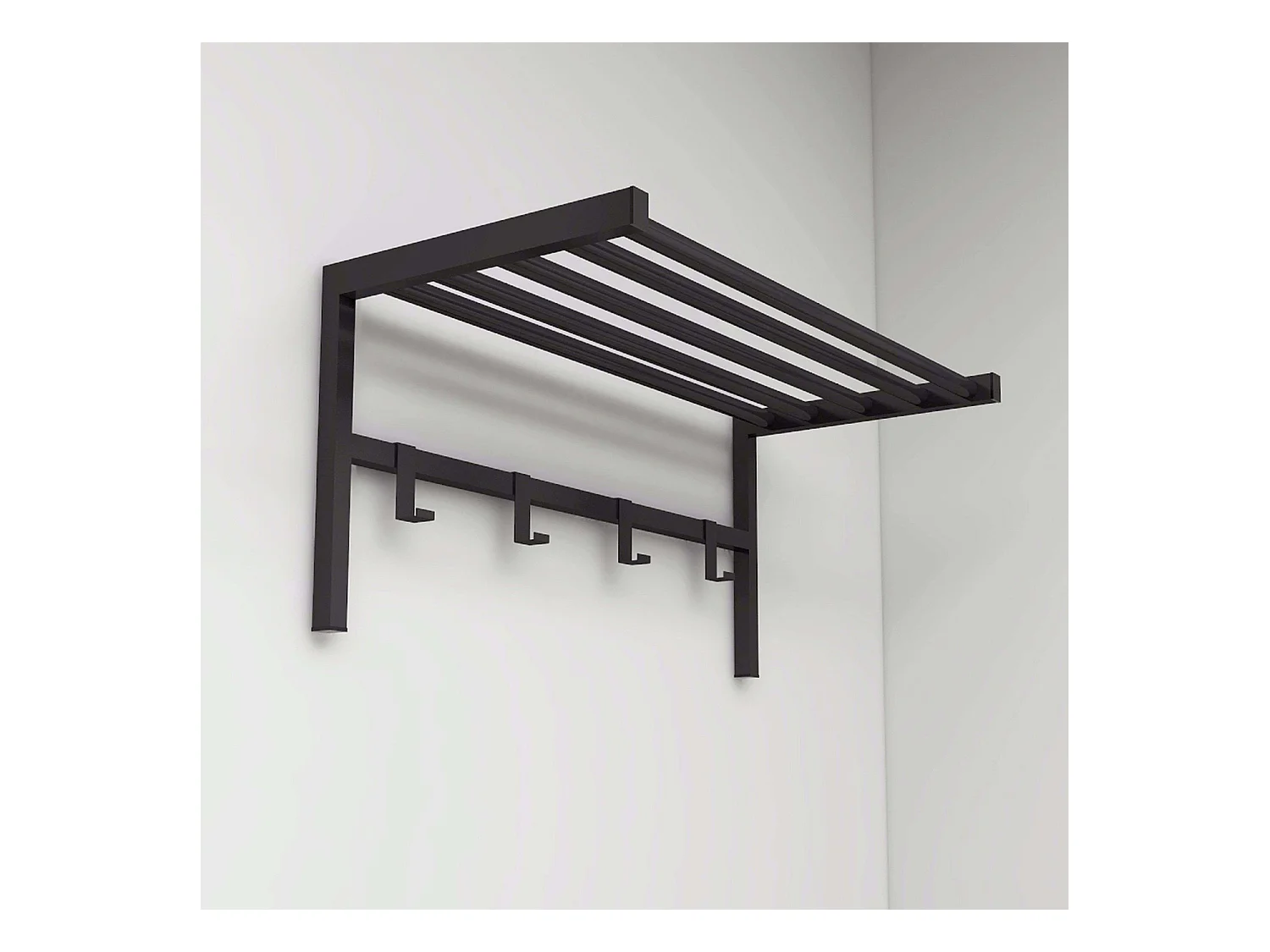 Porte-manteau mural avec 4 crochets et étagère, métal noir, 69 x 33 x 34 cm