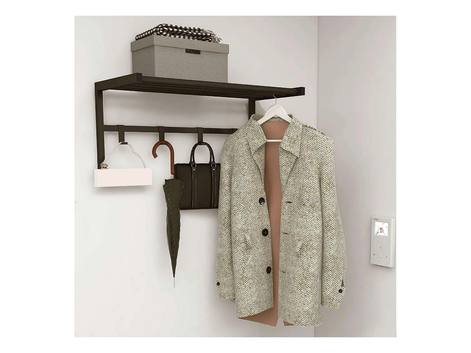 Porte-manteau mural avec 4 crochets et étagère, métal noir, 69 x 33 x 34 cm