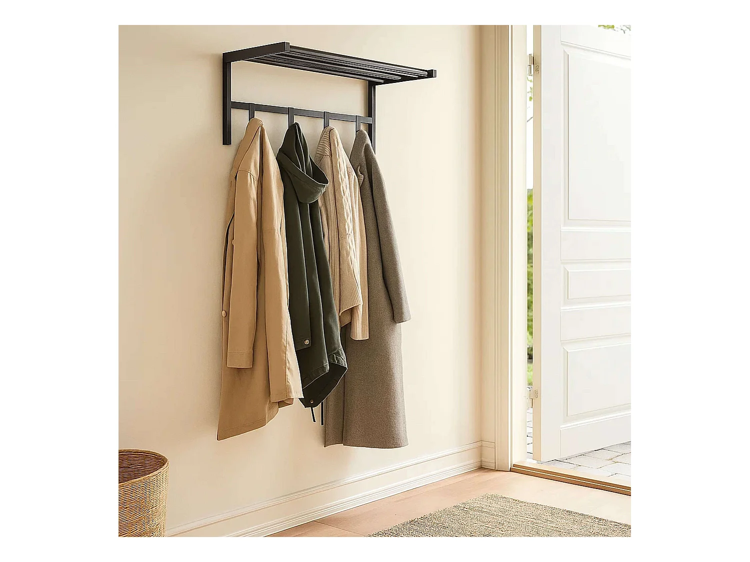 Porte-manteau mural avec 4 crochets et étagère, métal noir, 69 x 33 x 34 cm