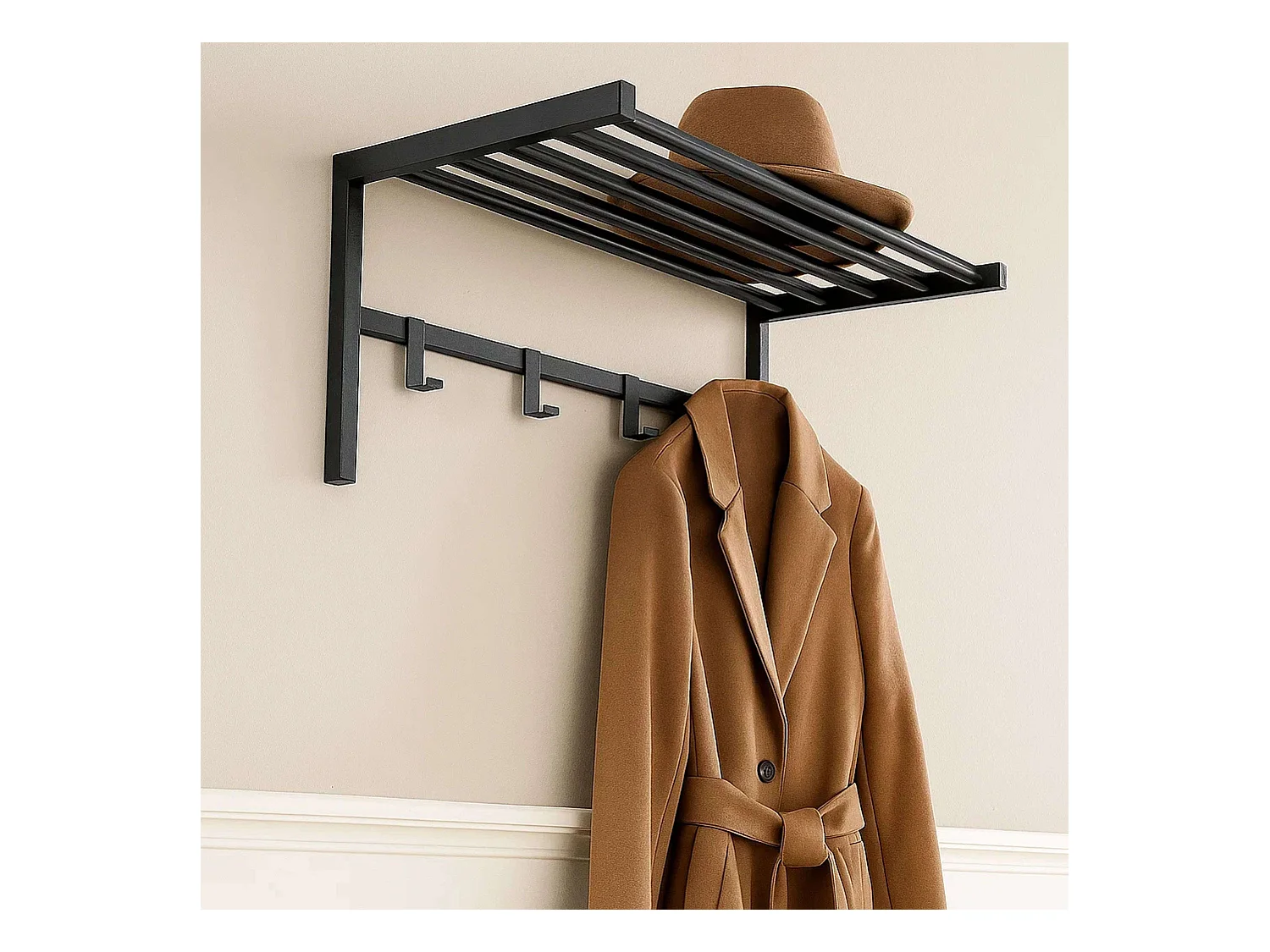 Porte-manteau mural avec 4 crochets et étagère, métal noir, 69 x 33 x 34 cm