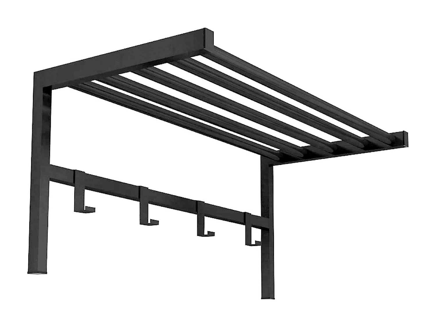 Cabideiro de parede com 4 ganchos e prateleira, metal preto, 69x33x34 cm