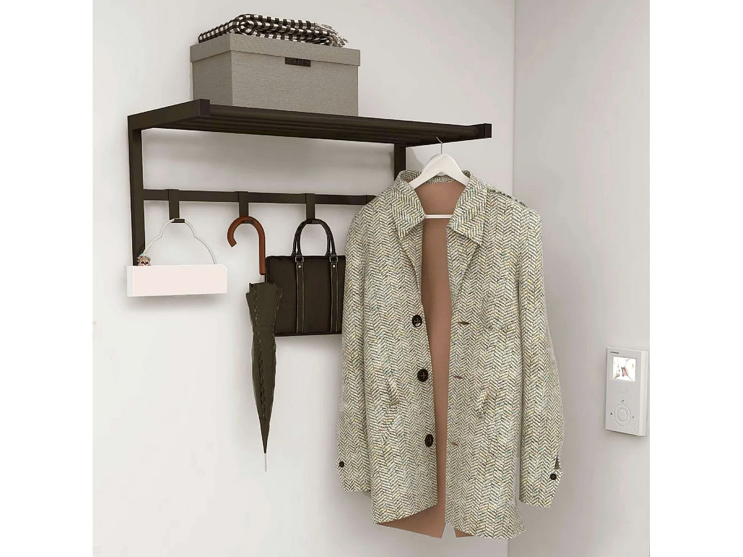 Cabideiro de parede com 4 ganchos e prateleira, metal preto, 69x33x34 cm