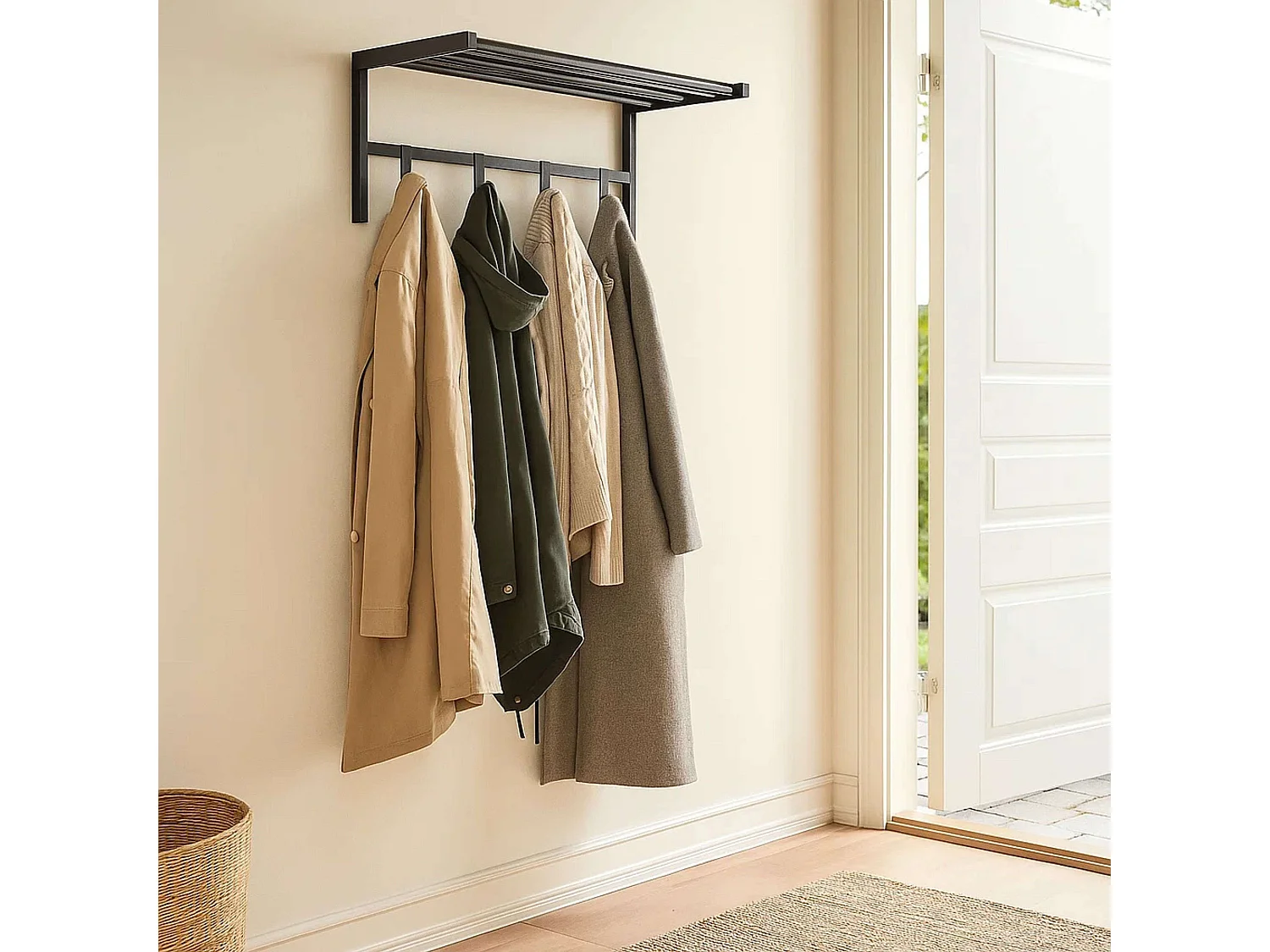 Cabideiro de parede com 4 ganchos e prateleira, metal preto, 69x33x34 cm