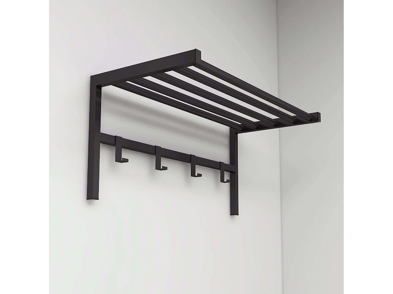 Porte-manteau mural avec 4 crochets et étagère, métal noir, 69 x 33 x 34 cm