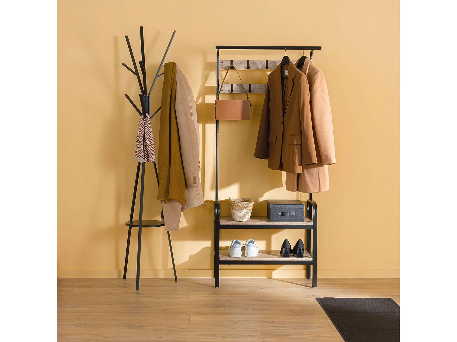 Perchero Entrada y De Pie Negro y Roble Claro