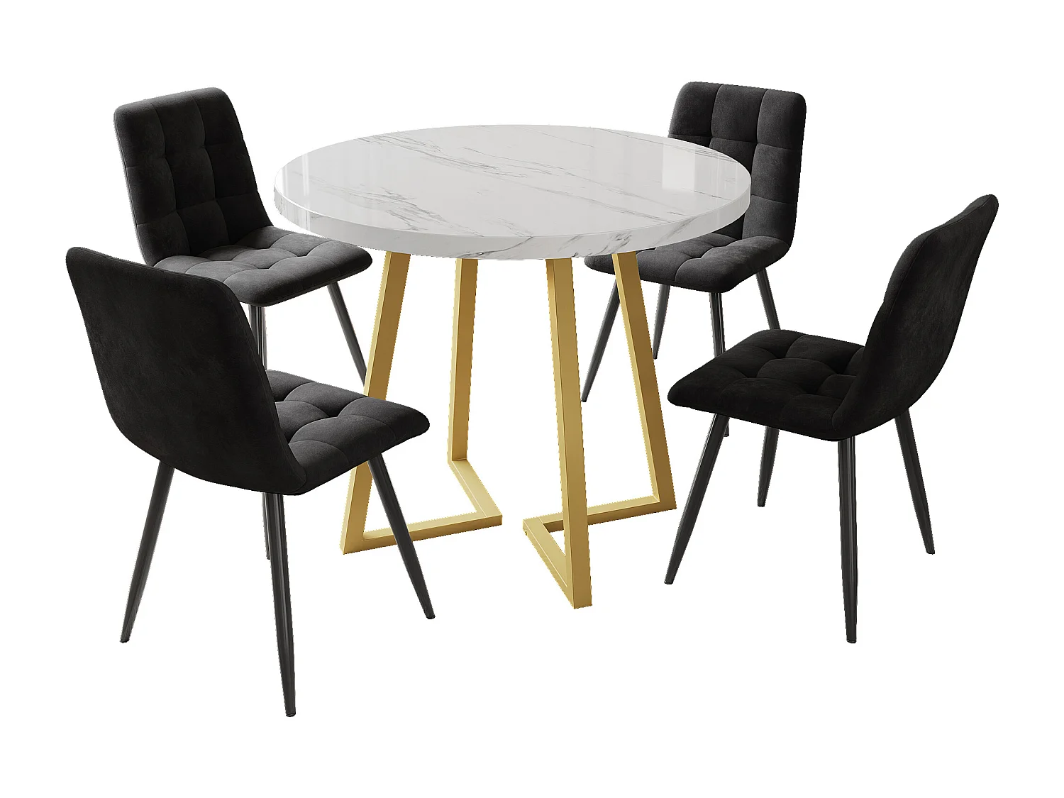 Conjunto de mesa de comedor redonda (80x80x75 cm) + 4 sillas de terciopelo negro - patas de metal dorado